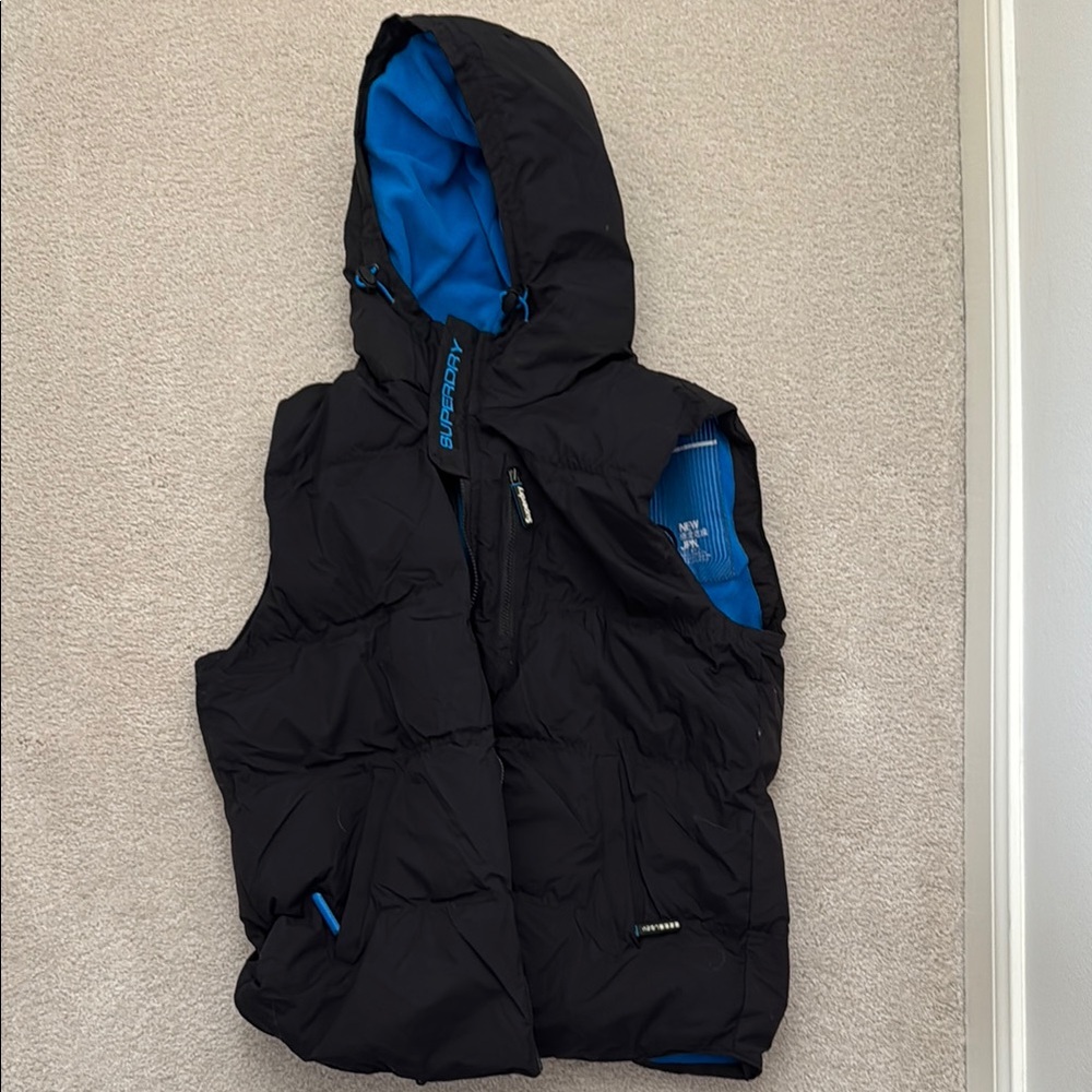 Superdry Black and Blue Fleece Lined Hooded Vest